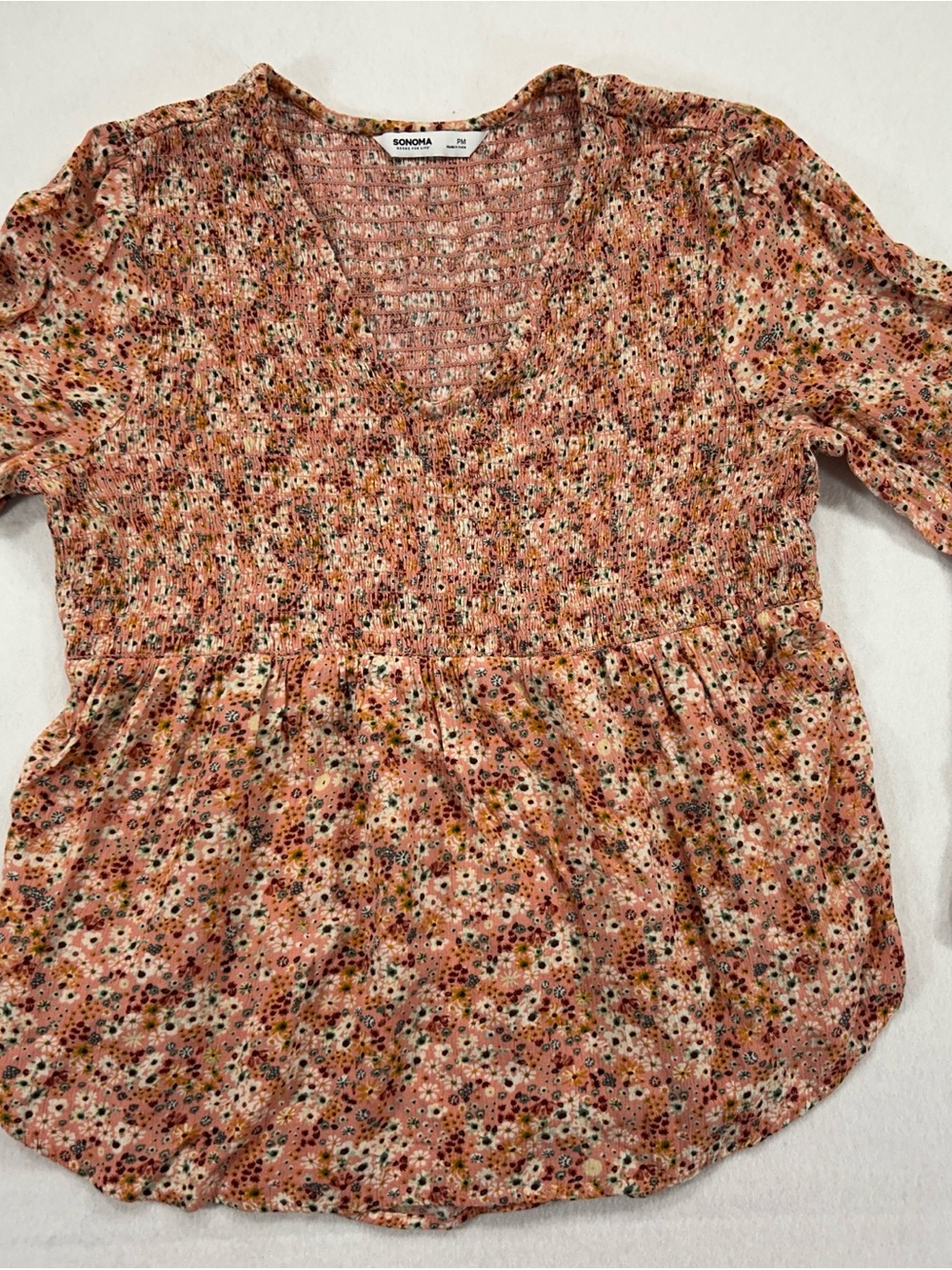 Sonoma Peach Pink Floral Smocked V-Neck Peplum Blouse